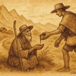 Alt Text: Parchment-style illustration of El Viejo del Camino Rural receiving water from a traveler, Peruvian-Bolivian folktale.