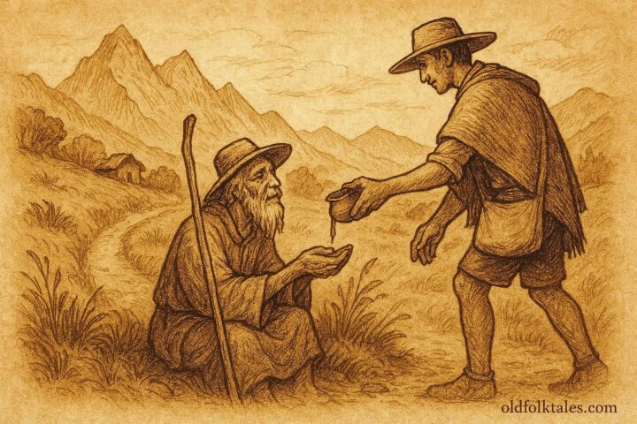 Alt Text: Parchment-style illustration of El Viejo del Camino Rural receiving water from a traveler, Peruvian-Bolivian folktale.