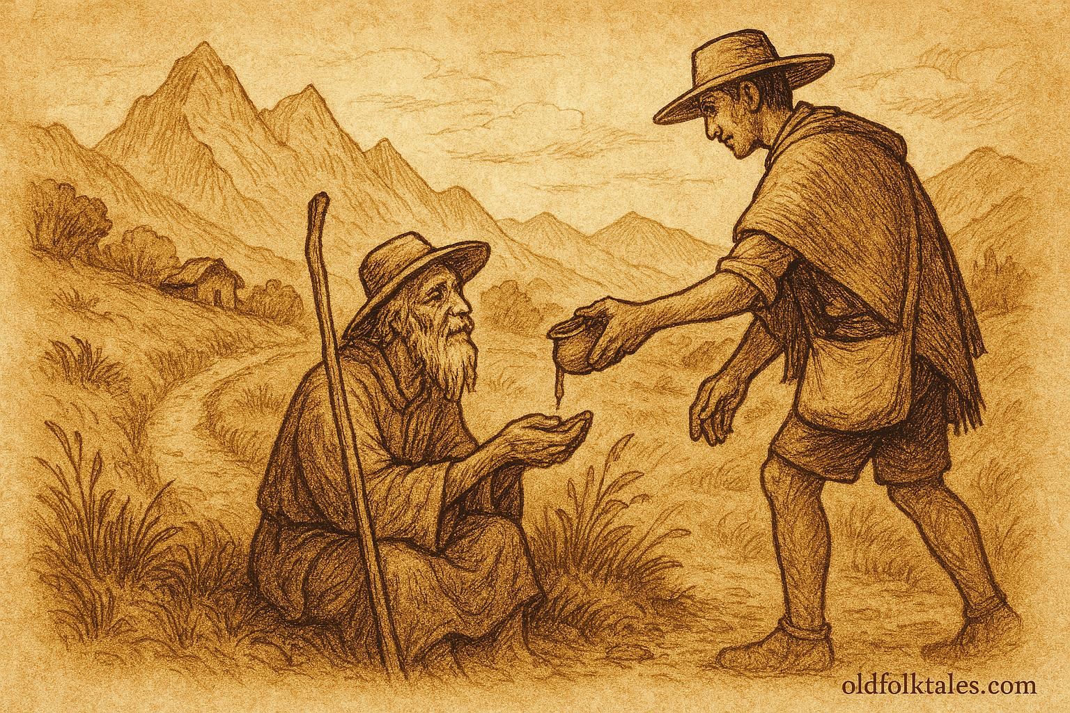 Alt Text: Parchment-style illustration of El Viejo del Camino Rural receiving water from a traveler, Peruvian-Bolivian folktale.