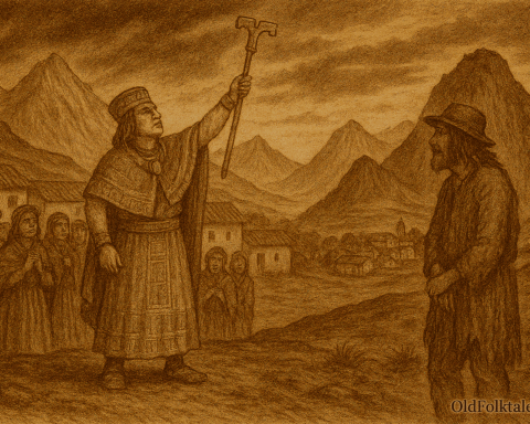 Sepia-toned illustration on aged rice parchment depicting an Andean village plaza beneath towering Peruvian mountains. A richly dressed false priest raises a ceremonial staff toward the sky as anxious villagers watch. At the edge of the crowd stands Cuniraya Viracocha in disguise as a ragged traveler. Dark rain clouds drift away from the valley toward distant hills, revealing the priest’s fraud. “OldFolktales.com” is inscribed in the bottom right corner.