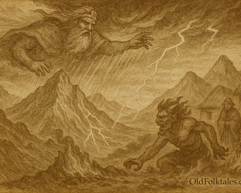 Sepia-toned illustration on aged rice parchment depicts a dramatic Andean mythological scene. In the upper left, the rain god Pariacaca rises from swirling mist and storm clouds, extending his arm to unleash torrents of rain and lightning onto scorched mountain peaks. Below, the defeated fire god Huallallo Carhuincho retreats amid fading flames, his demonic form hunched and anguished. The landscape contrasts fire and water, destruction and renewal, symbolizing the sacred Andean transition from fear and sacrifice to rain, agriculture, and communal abundance. “OldFolktales.com” is inscribed at the bottom right.