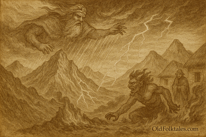 Sepia-toned illustration on aged rice parchment depicts a dramatic Andean mythological scene. In the upper left, the rain god Pariacaca rises from swirling mist and storm clouds, extending his arm to unleash torrents of rain and lightning onto scorched mountain peaks. Below, the defeated fire god Huallallo Carhuincho retreats amid fading flames, his demonic form hunched and anguished. The landscape contrasts fire and water, destruction and renewal, symbolizing the sacred Andean transition from fear and sacrifice to rain, agriculture, and communal abundance. “OldFolktales.com” is inscribed at the bottom right.
