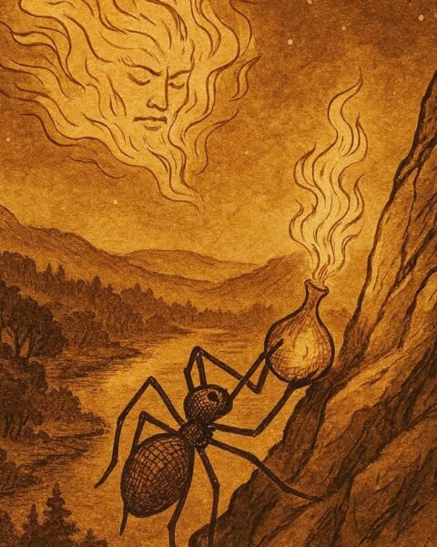 Parchment-style illustration of Anansi carrying fire in a calabash, Afro-Surinamese folktale scene.