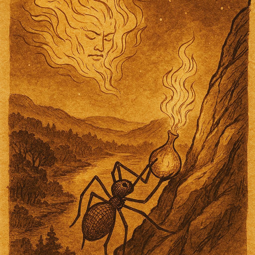 Parchment-style illustration of Anansi carrying fire in a calabash, Afro-Surinamese folktale scene.