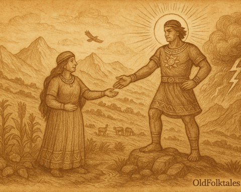Sepia-toned parchment illustration depicting the Quechua myth of Inti and Pachamama. On the left, Pachamama stands gracefully on fertile ground, wearing a patterned dress and headdress, her hand extended toward Inti. Around her, crops like corn and potatoes grow, symbolizing her nurturing power. On the right, Inti stands atop a rocky peak, radiant with a sun halo behind his head, dressed in ornate garments with a sun emblem on his chest. His hand reaches toward Pachamama, symbolizing their covenant of balance. Behind them, the Andes rise dramatically, with swirling clouds and a lightning bolt hinting at past conflict. A condor soars between them. “OldFolktales.com” is inscribed at the bottom right.