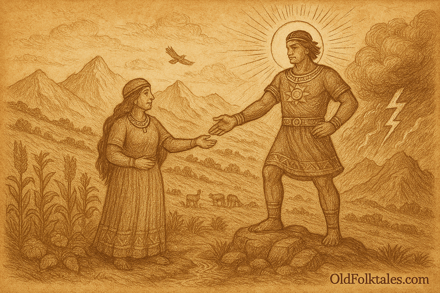 Sepia-toned parchment illustration depicting the Quechua myth of Inti and Pachamama. On the left, Pachamama stands gracefully on fertile ground, wearing a patterned dress and headdress, her hand extended toward Inti. Around her, crops like corn and potatoes grow, symbolizing her nurturing power. On the right, Inti stands atop a rocky peak, radiant with a sun halo behind his head, dressed in ornate garments with a sun emblem on his chest. His hand reaches toward Pachamama, symbolizing their covenant of balance. Behind them, the Andes rise dramatically, with swirling clouds and a lightning bolt hinting at past conflict. A condor soars between them. “OldFolktales.com” is inscribed at the bottom right.