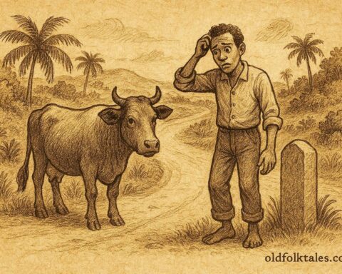 Parchment-style illustration of Jean Saute-Point with a cow, Haitian folktale scene.
