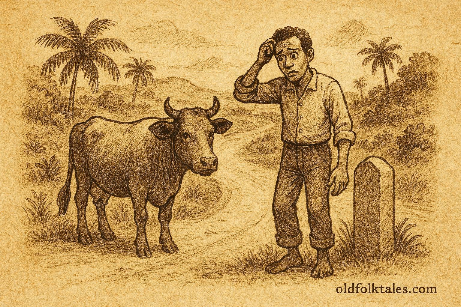 Parchment-style illustration of Jean Saute-Point with a cow, Haitian folktale scene.
