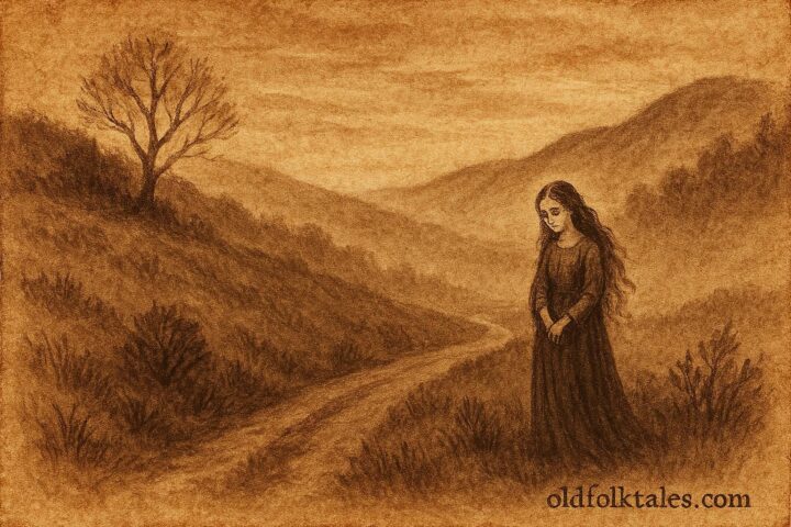 Parchment style illustration of Kairasa beside a hillside path, Nicaraguan folktale spirit.