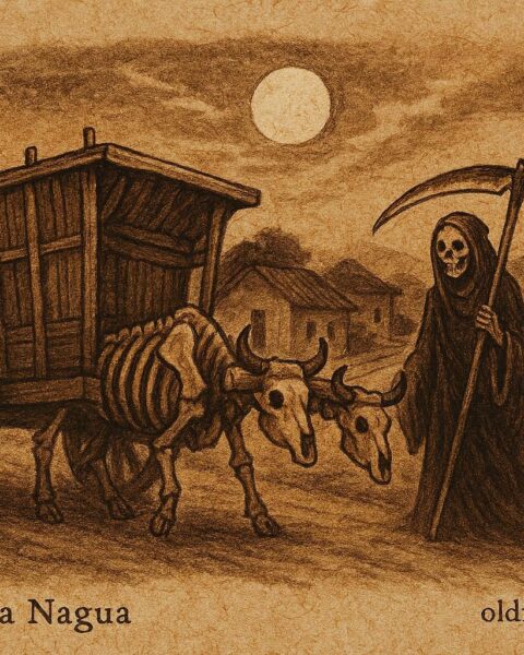 Parchment-style illustration of La Carreta Nagua with skeletal oxen, Nicaraguan folklore scene.