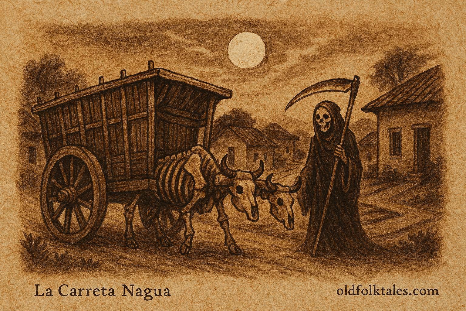 Parchment-style illustration of La Carreta Nagua with skeletal oxen, Nicaraguan folklore scene.