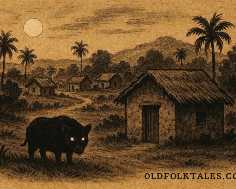 Parchment style illustration of La Chancha Bruja as a pig near a village, Nicaraguan folktale.