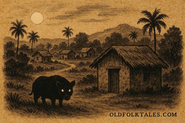 Parchment style illustration of La Chancha Bruja as a pig near a village, Nicaraguan folktale.