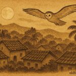 Parchment-style illustration of La Chorca as an owl spirit above a village, Honduran folktale scene.