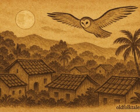 Parchment-style illustration of La Chorca as an owl spirit above a village, Honduran folktale scene.