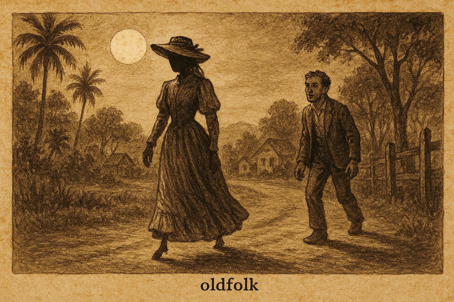 Parchment-style illustration of La Diablesse revealing her cloven hoof on a moonlit road in Trinidadian folklore.