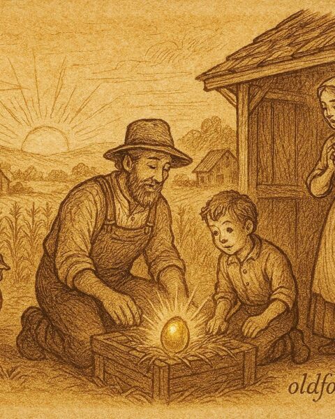 Parchment-style illustration of a family with the golden hen, Latin American folktale scene.