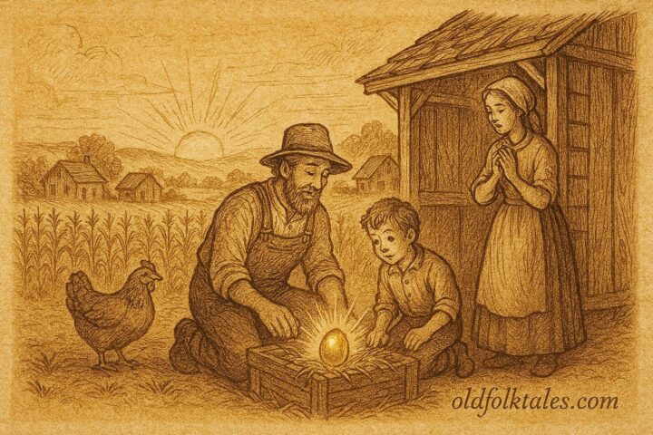 Parchment-style illustration of a family with the golden hen, Latin American folktale scene.