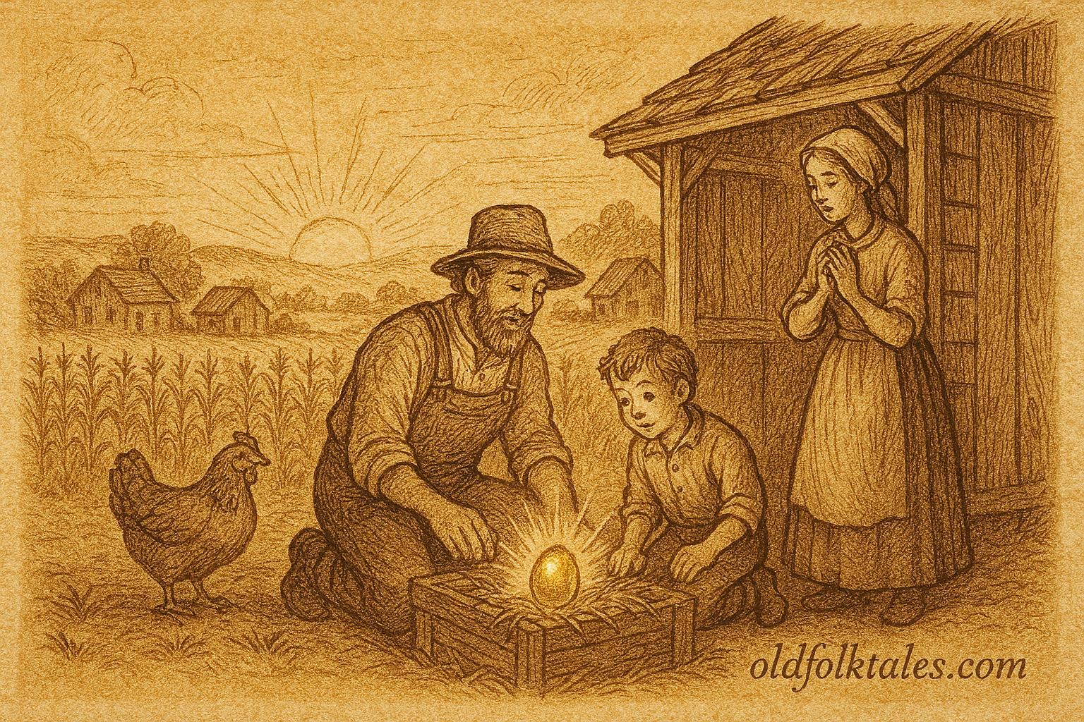 Parchment-style illustration of a family with the golden hen, Latin American folktale scene.