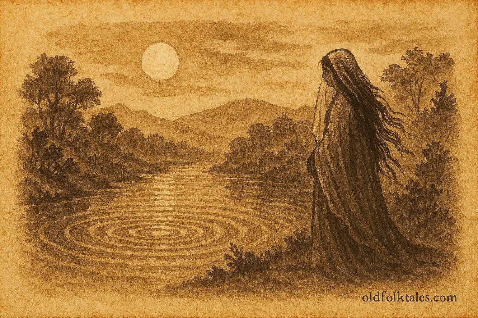 Parchment-style illustration of La Llorona by a river, Honduran folktale scene.