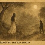 Parchment-style illustration of La Llorona, the weeping woman, on a foggy Belizean riverbank at night.