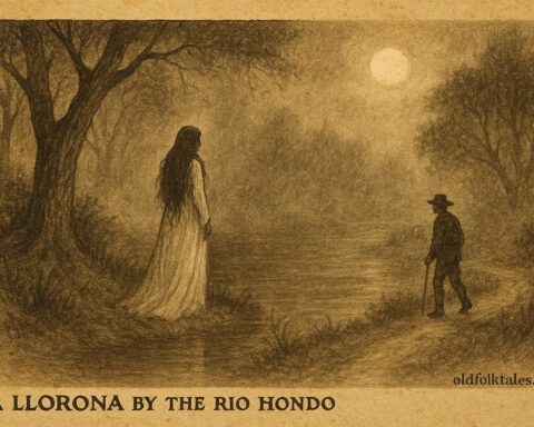 Parchment-style illustration of La Llorona, the weeping woman, on a foggy Belizean riverbank at night.