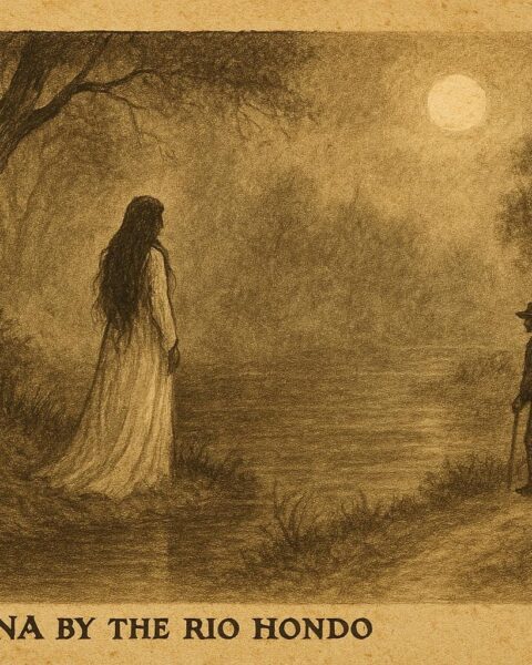 Parchment-style illustration of La Llorona, the weeping woman, on a foggy Belizean riverbank at night.