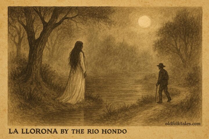 Parchment-style illustration of La Llorona, the weeping woman, on a foggy Belizean riverbank at night.
