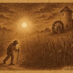 Parchment-style illustration of La Luz del Trapiche leading a laborer through sugarcane fields, Cuban-Caribbean folktale.