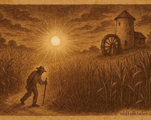 Parchment-style illustration of La Luz del Trapiche leading a laborer through sugarcane fields, Cuban-Caribbean folktale.