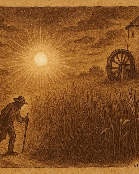 Parchment-style illustration of La Luz del Trapiche leading a laborer through sugarcane fields, Cuban-Caribbean folktale.