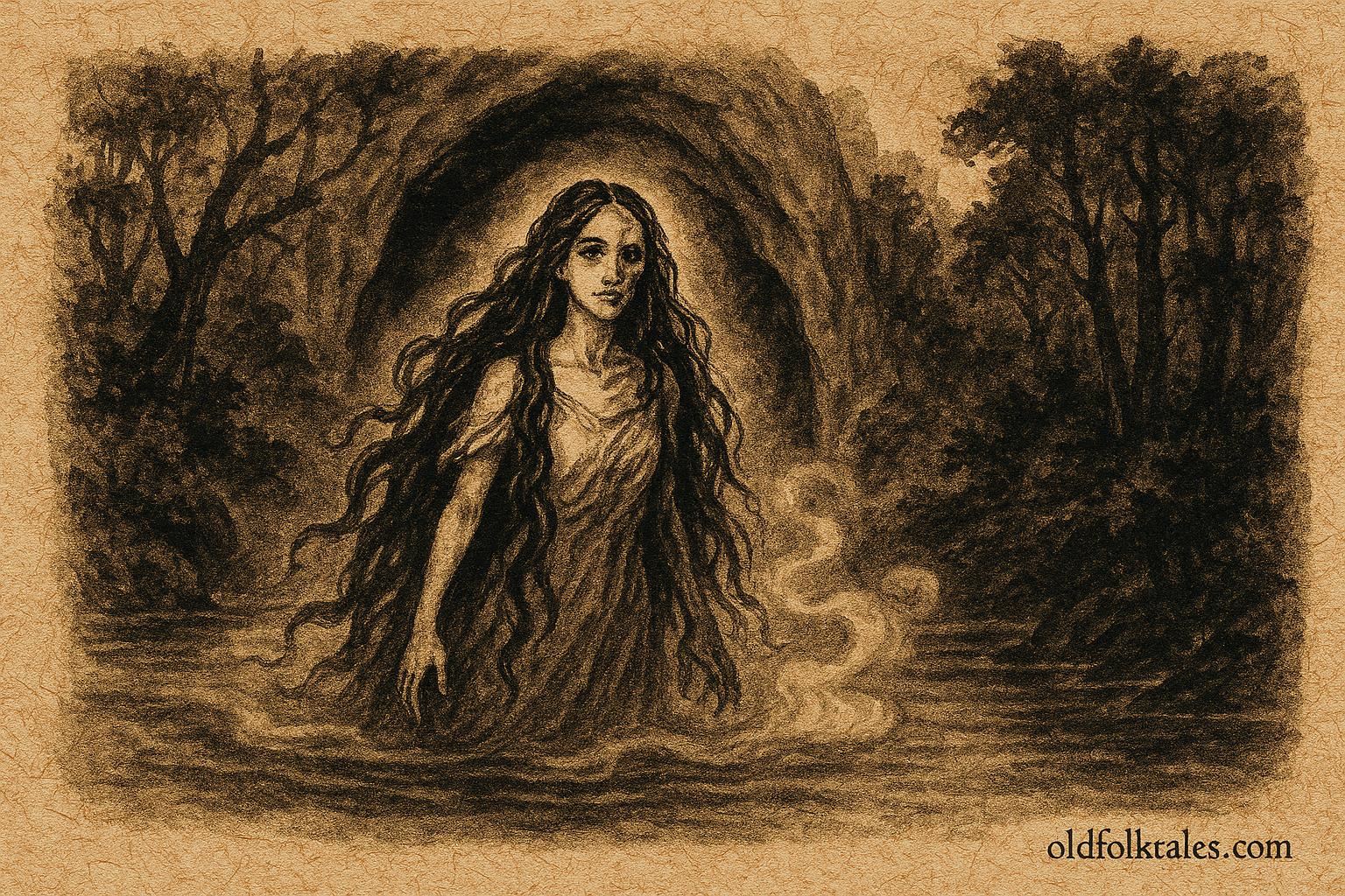 Parchment-style illustration of La Mocuana by a river cave, Nicaraguan folklore scene.