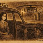 Parchment-style illustration of a ghostly woman in a taxi, Latin American urban folktale scene.