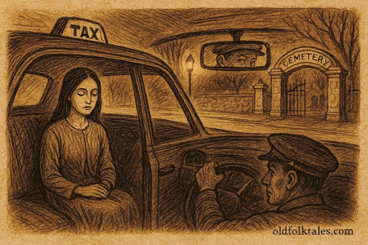 Parchment-style illustration of a ghostly woman in a taxi, Latin American urban folktale scene.