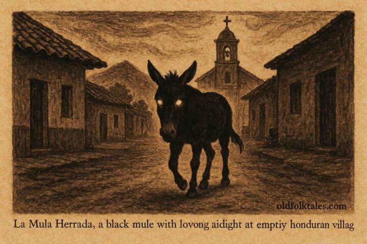 Parchment-style illustration of La Mula Herrada in a Honduran village at night.