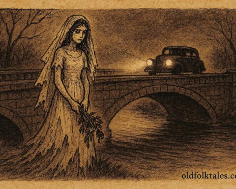 Parchment-style illustration of a ghostly bride on a bridge, Chile Argentina folktale.