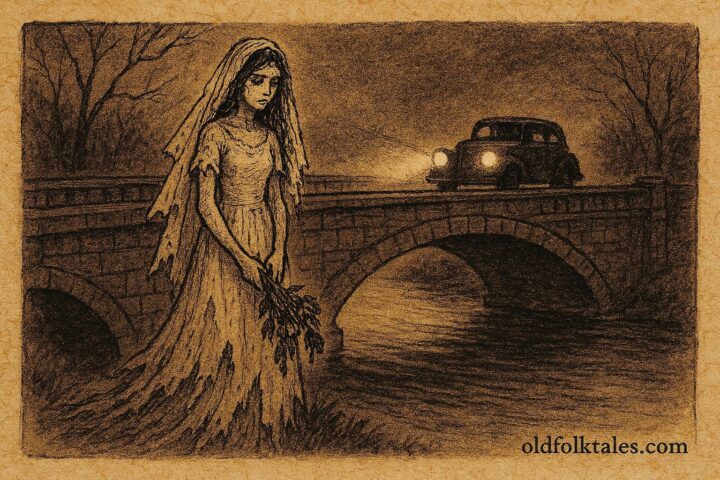 Parchment-style illustration of a ghostly bride on a bridge, Chile Argentina folktale.