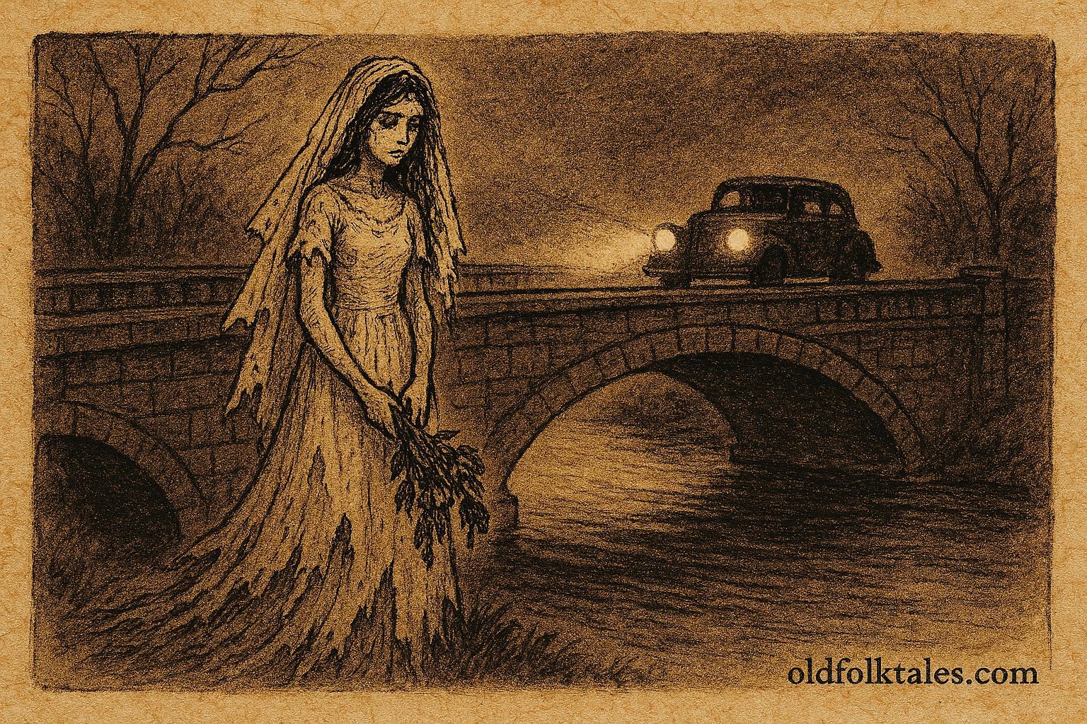 Parchment-style illustration of a ghostly bride on a bridge, Chile Argentina folktale.