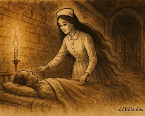 Parchment-style illustration of La Planchada ghost nurse aiding a patient, Colonial Mexico folklore scene.