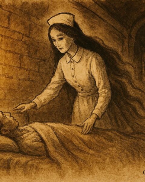 Parchment-style illustration of La Planchada ghost nurse aiding a patient, Colonial Mexico folklore scene.
