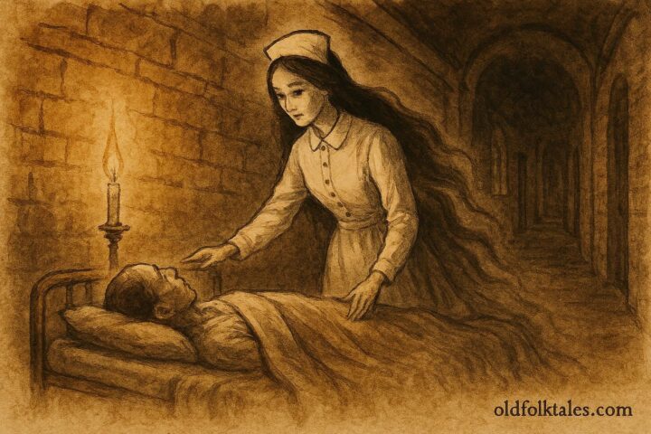 Parchment-style illustration of La Planchada ghost nurse aiding a patient, Colonial Mexico folklore scene.