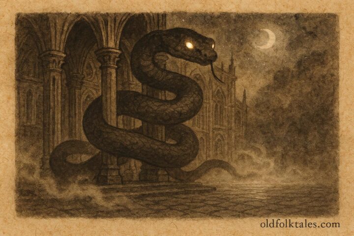 Parchment-style illustration of La Serpiente de la Catedral coiled around Granada cathedral at night.