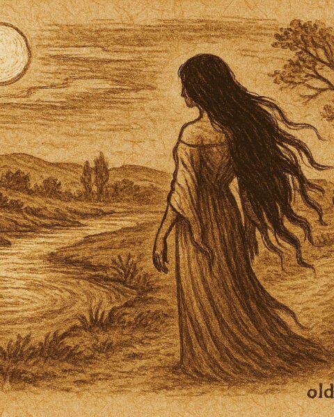 Parchment-style illustration of La Siguanaba by a river, Honduran folktale scene.