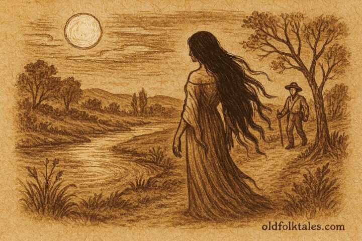 Parchment-style illustration of La Siguanaba by a river, Honduran folktale scene.