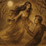 Parchment-style artwork of La Siguanaba revealing her terrifying face to a man, Mexican folktale scene.