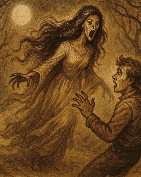 Parchment-style artwork of La Siguanaba revealing her terrifying face to a man, Mexican folktale scene.