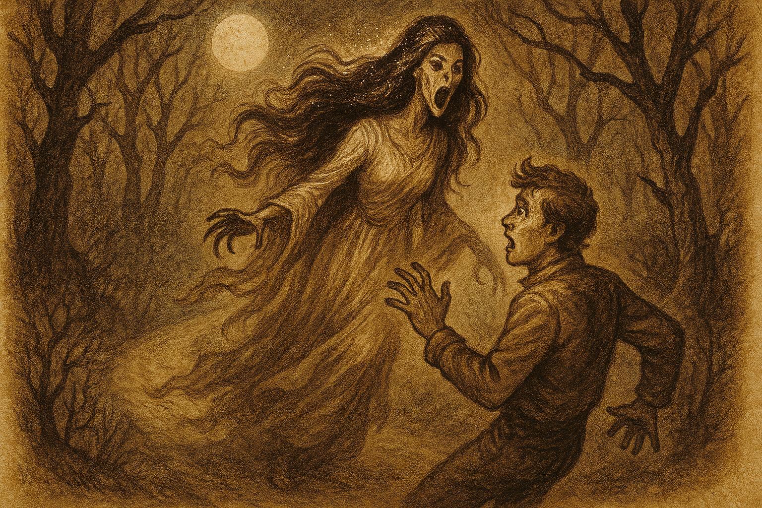 Parchment-style artwork of La Siguanaba revealing her terrifying face to a man, Mexican folktale scene.