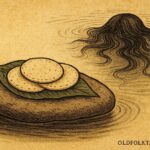 Parchment style artwork of a riverbank offering of tortillas for La Sirena, a mermaid spirit from a Nicaraguan folktale.