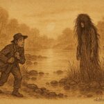 Parchment style illustration of the silent spirit La Sucia on a misty riverbank, from a Honduran folktale.