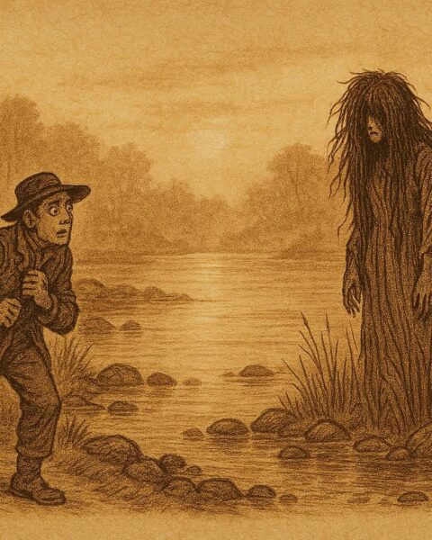 Parchment style illustration of the silent spirit La Sucia on a misty riverbank, from a Honduran folktale.